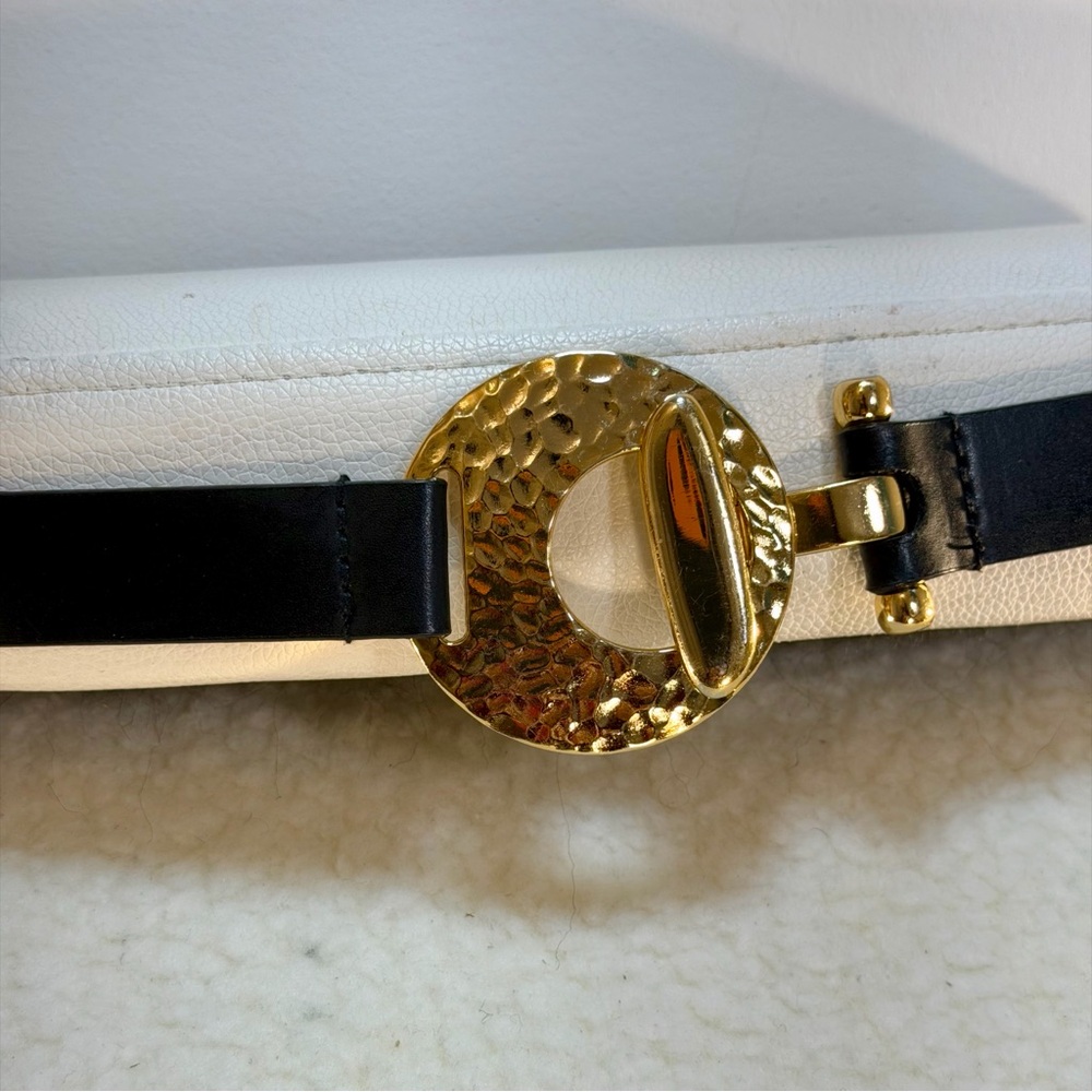 Chico’s Black Leather Sliding Adjustable Belt with Hammered Gold Buckle